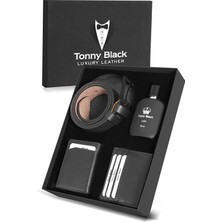 Tonny Black Orijinal Erkek Özel Hediye Kutulu 4'lü Set Luxury Serisi Hediyelik Aksesuar Kutusu Çeyiz Düğün Baba Için Damat Takımı Klasik Şık Deri Kemer Mekanizmalı Rfid Cüzdan ve Kartlık Seti