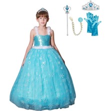 Butik Happy Kids Prenses Elsa Askılı Elsa Kostüm Taç Asa Saç Eldiven 1-12 Yaş