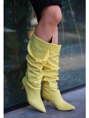 Alfaze Topuklu Körüklü Çizme Cilt Sarı Topuk Boyu 7 cm