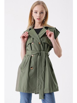 Hakke Camel Beli Kuşaklı Çift Cepli Trençkot