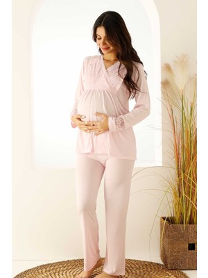 Farya Home Emzirme Bölmeli Dantelli Hamile Lohusa Pijama Takımı Kutulu