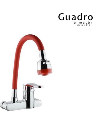 Guadro Armatür Kırmızı Esnek Borulu Duvardan Mutfak Eviye Bataryası