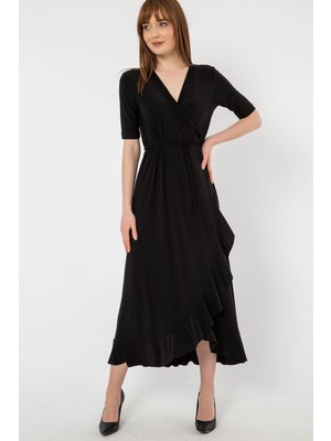 Laranor Kruvaze Volan Detaylı Bağlamalı Elbise 38 - Siyah
