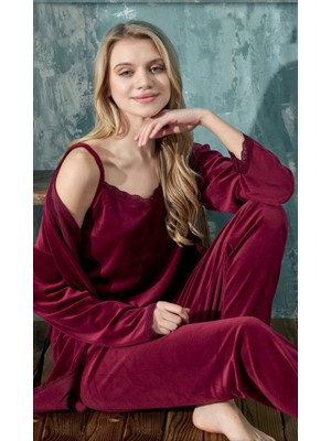 Cotonhause Kadın 3 Lü Kadife Bordo Pijama Takımı C1T3N402-1