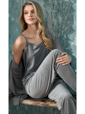 Cotonhause Kadın 3 Lü Kadife Gri Pijama Takımı C1T3N402-1