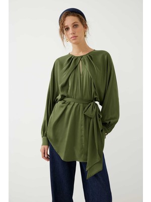 ROMAN Saten Beli Kuşaklı Bluz Haki K2413036_023