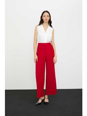 ROMAN Geniş Paça Pileli Crep Pantolon Kırmızı K2412066_006