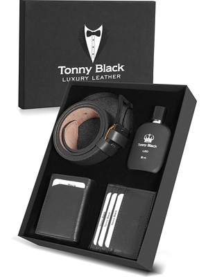 Tonny Black Orijinal Erkek Özel Hediye Kutulu 4'lü Set Luxury Serisi Hediyelik Aksesuar Kutusu Çeyiz Düğün Baba Için Damat Takımı Klasik Şık Deri Kemer Mekanizmalı Rfid Cüzdan ve Kartlık Seti