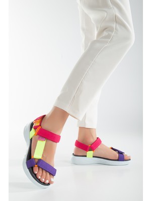 Sandal Spor Kadın Kısa Topuk Rahat Taban Cırtlı Günlük Spor Sandalet SS001-0158  Mor Fosfor