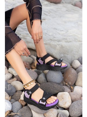 Sandal Spor Kadın Cırtlı Faylon Dolgu Taban Sandalet 39 Numara Siyah Mor Konforlu Tasarım SS001-0148