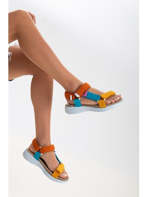 Sandal Spor Kadın Kısa Topuk Rahat Taban Cırtlı Günlük Spor Sandalet SS001-0158  Sarı Oranj