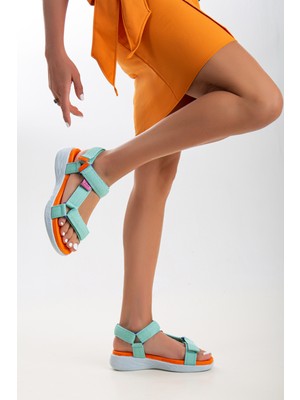 Sandal Spor Kadın Kısa Topuk Rahat Taban Cırtlı Günlük Spor Sandalet SS001-0158  Yeşil Oranj