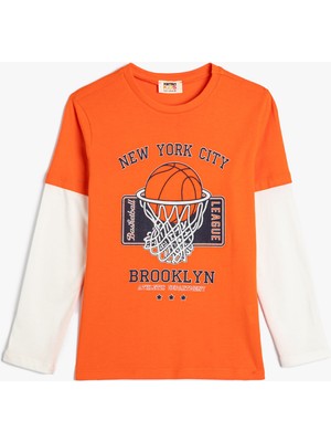 Koton Tişört Uzun Kollu Bisiklet Yaka Basketbol Baskılı Renk Bloklu Pamuklu