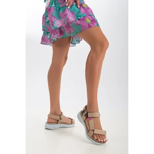 Sandal Spor Kadın Kısa Topuk Rahat Taban Cırtlı Günlük Spor Sandalet SS001-0158  Bej