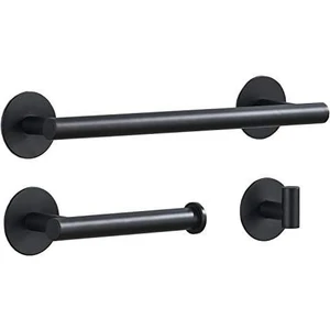 Mat Siyah 30cm Tuvalet Kağıtlığı Ve Kancalı Banyo Havlu Askısı, Yapışkanlı Sondajsız Banyo Aksesuarları, 3 Parça (Yurt Dışından)