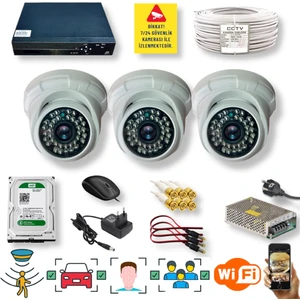 Qromax  3 Kameralı Set - İnsan Yüz Araç Tanımalı Hareket Algılayan 5 MP SONY Lensli 36 IR Ledli DOME İç Mekan 1080P FULLHD Güvenlik Kamerası Seti D136B
