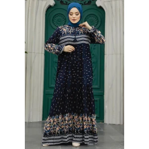 Neva Style Desenli Koyu Lacivert Tesettür Elbise 50095KL