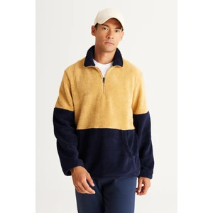 Altınyıldız Classics Erkek Hardal-lacivert Standart Fit Dik Bato Yaka Kanguru Cepli Çift Renkli Sherpa Polar Sweatshirt