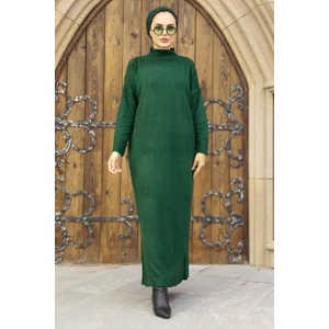 Neva Style Boğazlı Yaka Zümrüt Yeşili Tesettür Triko Elbise 34150ZY