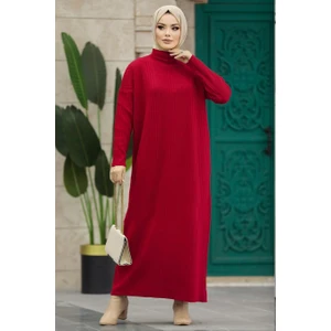 Neva Style Boğazlı Yaka Kırmızı Tesettür Triko Elbise 34150K