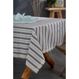 Yıkanmış Pamuk Bordo Çizgili Dantelli Masa Örtüsü