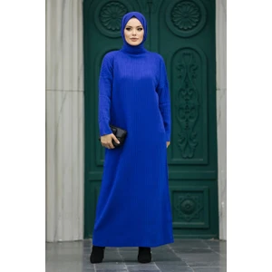 Neva Style Boğazlı Yaka Sax Mavisi Tesettür Triko Elbise 34150SX