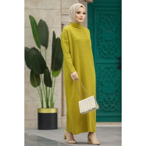 Neva Style Boğazlı Yaka Hardal Tesettür Triko Elbise 34150HR