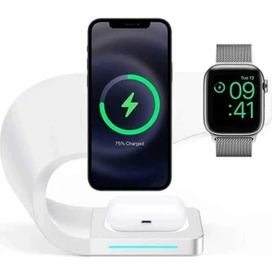 4in1 Megsafe 15W Hızlı Kablosuz Şarj Istasyonu Iphone Airpods Watch Uyumlu Beyaz