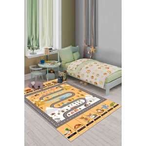 West Home Makinede Yıkanabilir Kaymaz Taban Leke Tutmaz Sarı Yol Desenli Bebek ve Çocuk Odası Halısı Oyun Matı