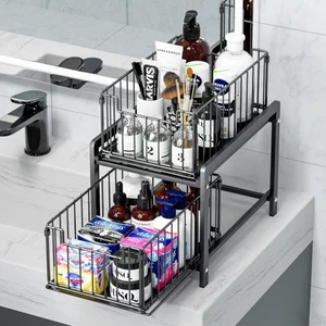 Çok Amaçlı 2 Raflı Raylı Sepet Düzenleyici Banyo Mutfak Lavabo Altı Dolap Içi Tezgah Üstü Organizer
