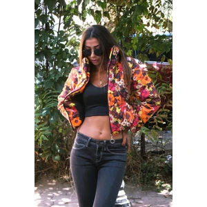 Keyifli Moda Kadın Turuncu Dik Yaka Çiçekli Kısa Şişme Mont
