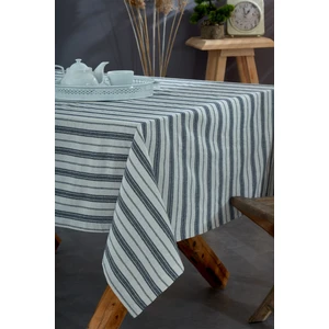 Yıkanmış Pamuk Lacivert Çizgili Masa Örtüsü