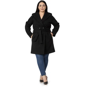 Disentis Modest Büyük Beden Kapüşonlu Fleto Cepli Kuşaklı Siyah Kaban