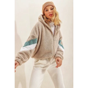 Kadın Ekru Kapüşonlu Fermuarlı Kolları Renk Bloklu Oversize Peluş Sweatshirt