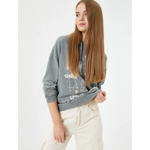 Kapşonlu Sweatshirt Soluk Efektli Baskılı Şardonlu Pamuklu