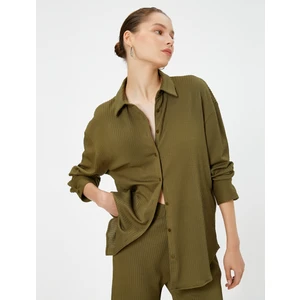 Basic Bluz Uzun Kollu Gömlek Yaka Düğme Kapamalı Dokulu