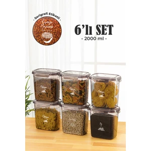 6'lı 2 lt Contalı Dikdörtgen Saklama Kabı Seti Serigrafi Etiketli