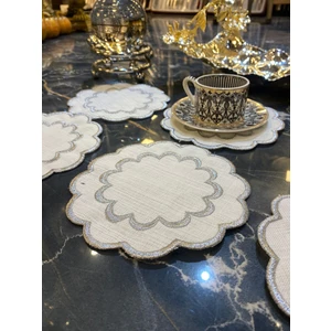 Galaxy Silver Gri 6'lı Kokteyl Sunum Peçetesi Maraş Işi Sırma Nakış Işlemeli Kahve Sunum Peçetesi