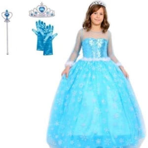 Butik Happy Kids Prenses Elsa Kostümü Uzun Kollu Elsa Kostümü 1-12 Yaş Taç-Asa-Eldiven Hediyeli