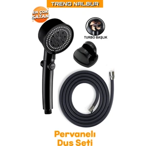 5 Fonksiyonlu Turbo Fanlı Pervaneli Lüks Duş Başlığı Siyah + Siyah Pvc Hortum