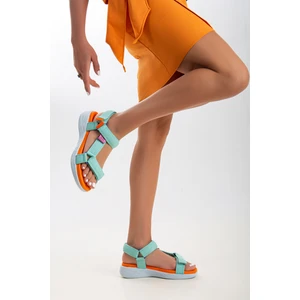 Sandal Spor Kadın Kısa Topuk Rahat Taban Cırtlı Günlük Spor Sandalet SS001-0158 Yeşil Oranj
