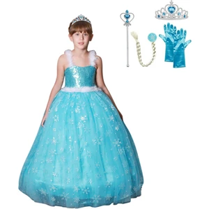 Butik Happy Kids Prenses Elsa Askılı Elsa Kostüm Taç Asa Saç Eldiven 1-12 Yaş