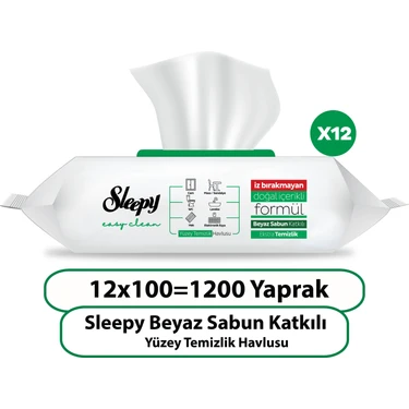 Sleepy Easy Clean Beyaz Sabun Katkılı Yüzey Temizlik Havlusu 12X100 (1200