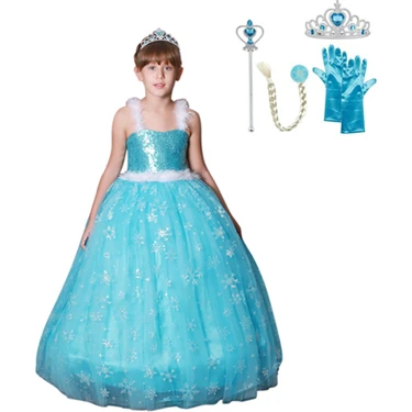 Butik Happy Kids Prenses Elsa Askılı Elsa Kostüm Taç Asa Saç Eldiven 1-12