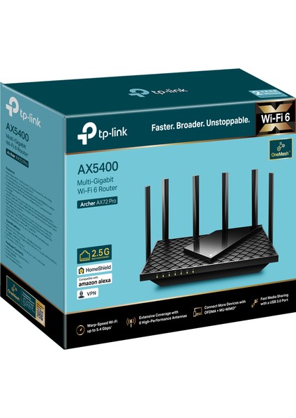 TP-Link Archer AX72 Pro, AX5400 Mbps, Fiber Destekli, 1×2.5 Gbps WAN/LAN Port, VPN Destekli, USB 3.0 Port, 1 GHz CPU, TP-Link HomeShield, Oyun için İdeal Xbox/PS/8K Steam, Multi-Gigabit WiFi 6 Router