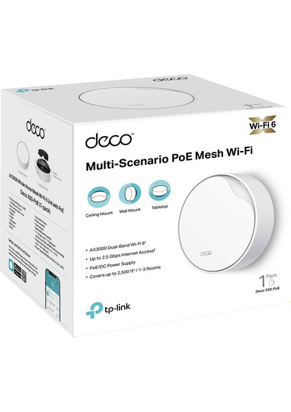 TP-Link Deco X50-PoE(1-pack), AX3000 Mbps, PoE Destekli, Dual-Band, 2,5Gbps Ethernet Portu, 150 Cihaza Kadar Bağlantı, 230 m² 'ye Kadar Kapsama, Mobil Uygulama ile Kolay Kurulum, Wi-Fi 6 Mesh Sistemi