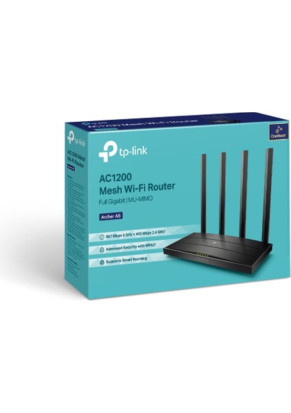 TP-Link Archer A6, AC1200 Mbps, MU-MIMO, 4 Gigabit LAN Bağlantı Noktası, Beamforming, WPA3, Access Point Modu, Ebeveyn Denetimleri, Dual-Band Wi-Fi 5 Router