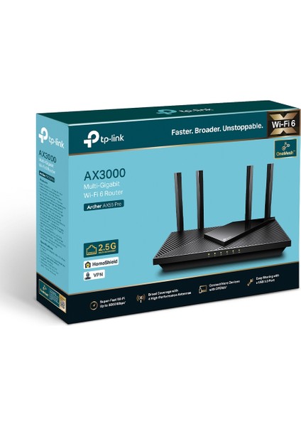 TP-Link Archer AX55 Pro, AX3000 Mbps 2.5G Portlı Multi-Gigabit Wi-Fi 6 Router, Fiber Destekli, 2.5G Port, Çift Bant, MU-MIMO, VPN Destekli, USB 3.0 Port, Oyun için İdeal Xbox/PS4/8K Steam, HomeShield