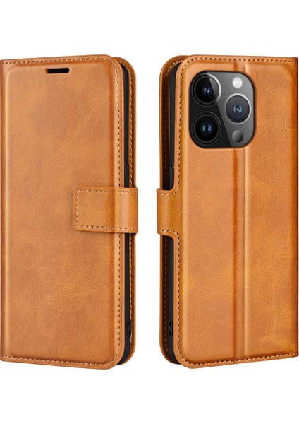 Iphone 15 Pro Için Stand Cüzdan Buzağı Doku Deri Kapak Kare Manyetik Kapanma Telefon Kılıfı Sarı (Yurt Dışından)