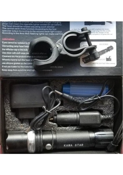 KM-110 Profesyonel Şarjlı El Feneri Ledli+Flashlight+Zoom Özellikli Tüfek Aparatlı 6 Parça Full Set